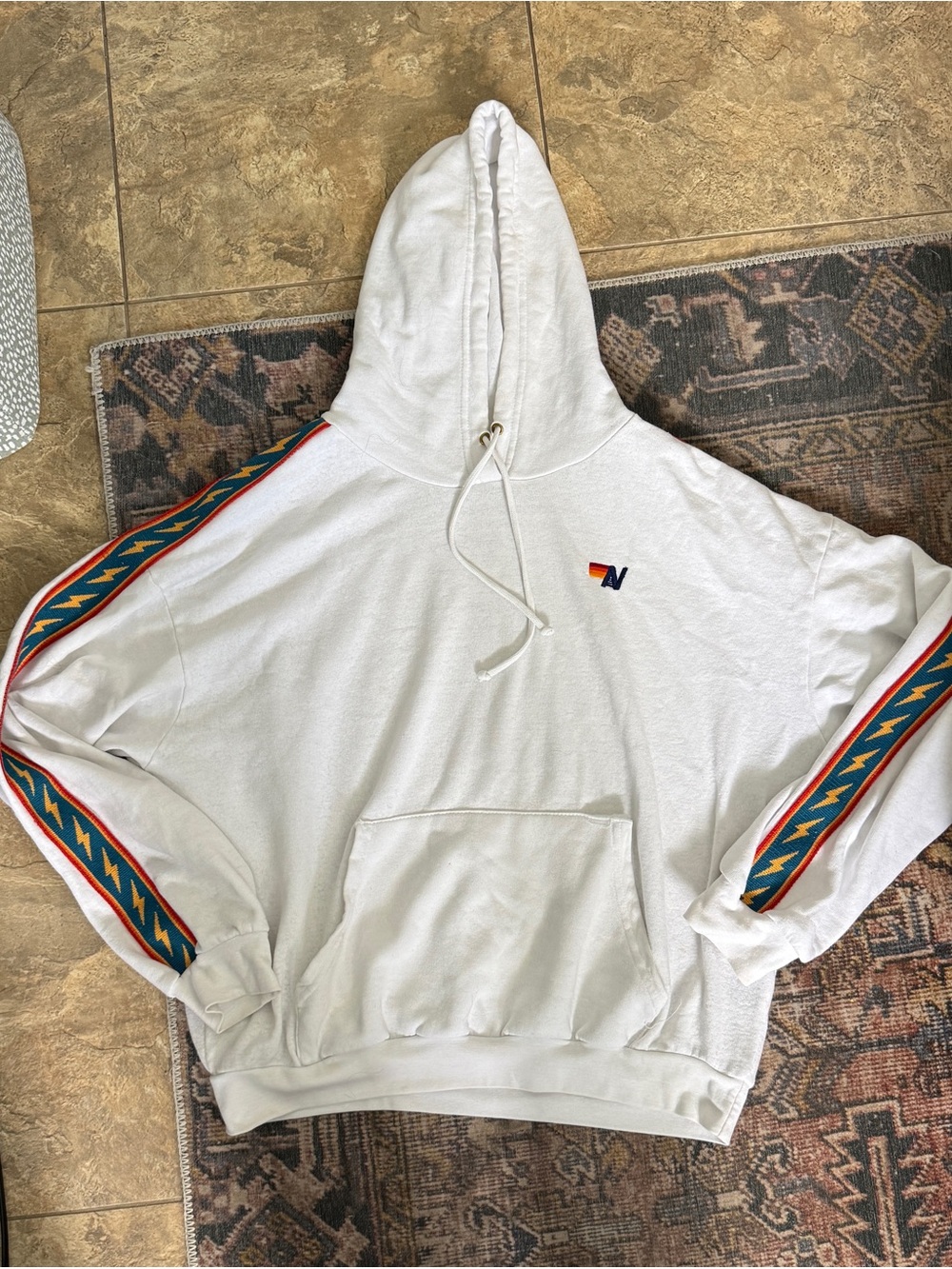 Aviator Nation White Hooded Sweatshirt with Colorful Sleeve Trim